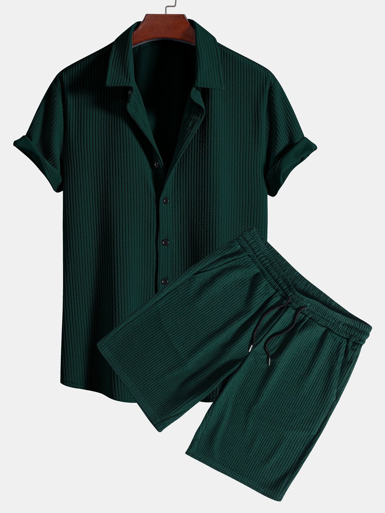 Muscle Fit Ribbed Button Up Shirt & Shorts