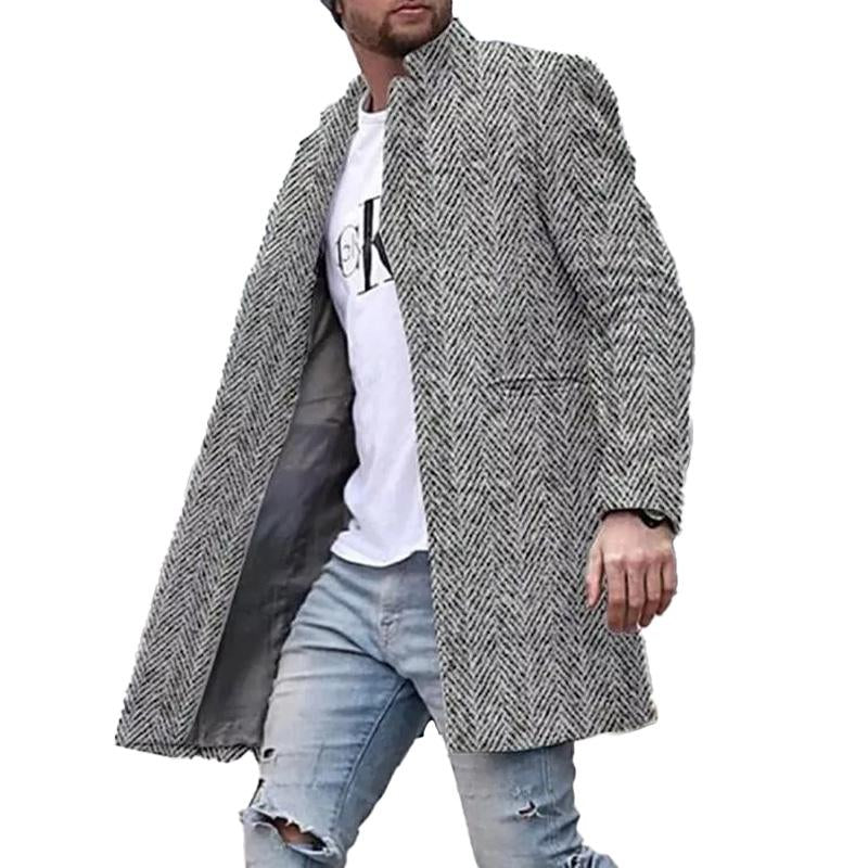 Men's Vintage Herringbone Stand Collar Mid-Length Coat 