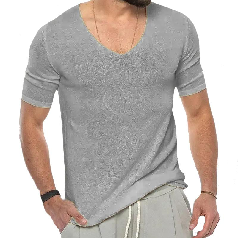 Men's Casual Solid Color V -Neck Short -Sleeved Knit Sweater