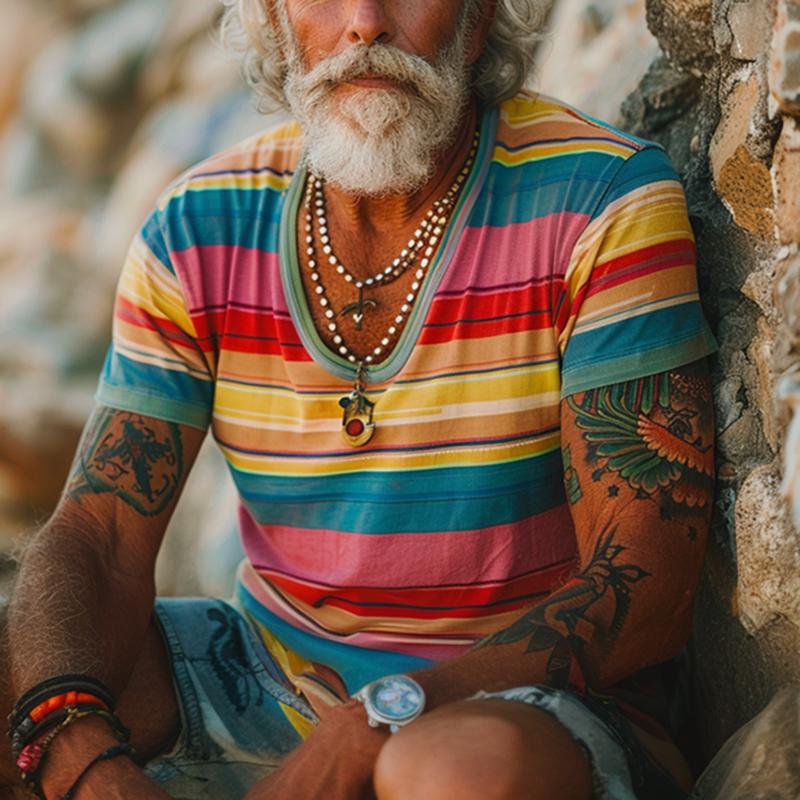 Men's Vintage Rainbow Stripe Print Crew Short Sleeve T-Shirt 