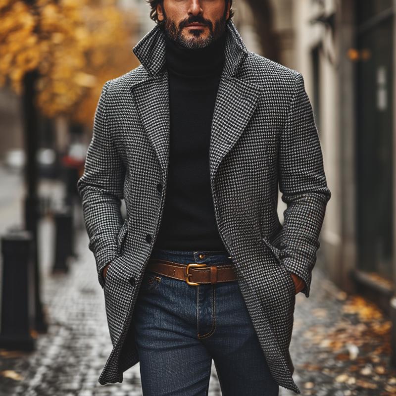 Men's Classic Houndstooth Notch Lapel Single Breasted Mid-Length Coat 