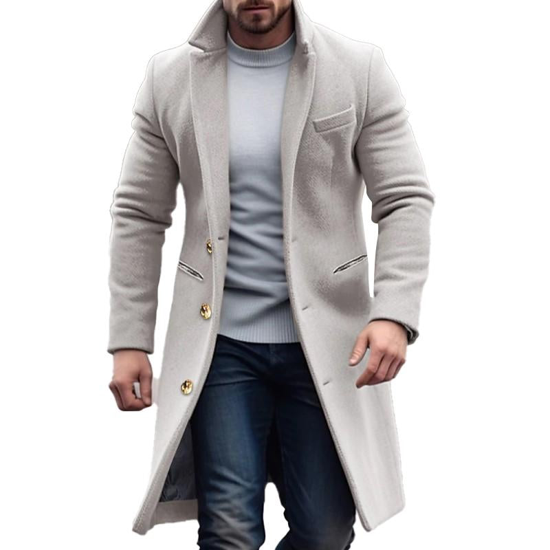 Men'S Vintage Solid Color Long Woolen Single-Breasted Lapel Coat 