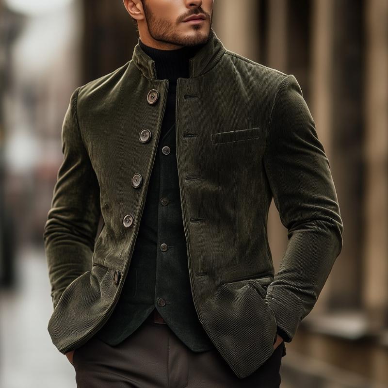 Men's Vintage Corduroy Stand Collar Single Breasted Slim Fit Blazer
