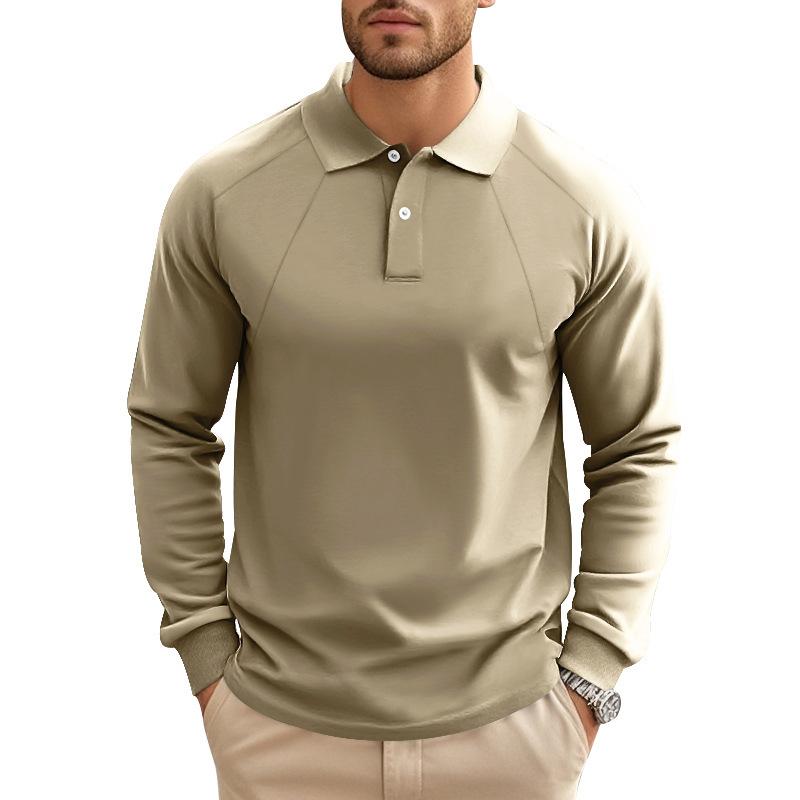 Men's Casual Solid Color Lapel Raglan Long Sleeve Polo Shirt 