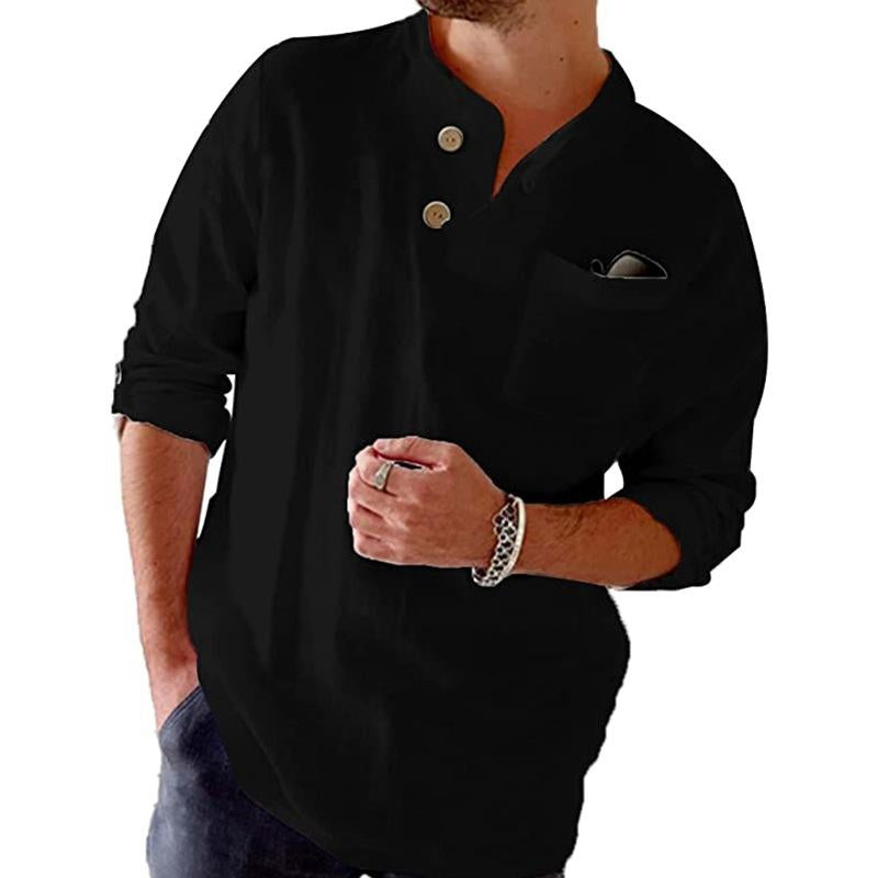 Men's Cotton Linen Loose Casual Solid Color Roll-Up Sleeve Long-sleeved Shirt 