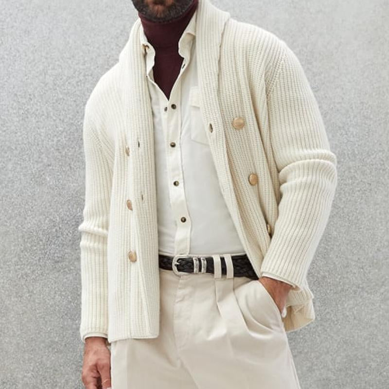 Men's Casual Solid Color Lapel Double Breasted Knitted Cardigan 
