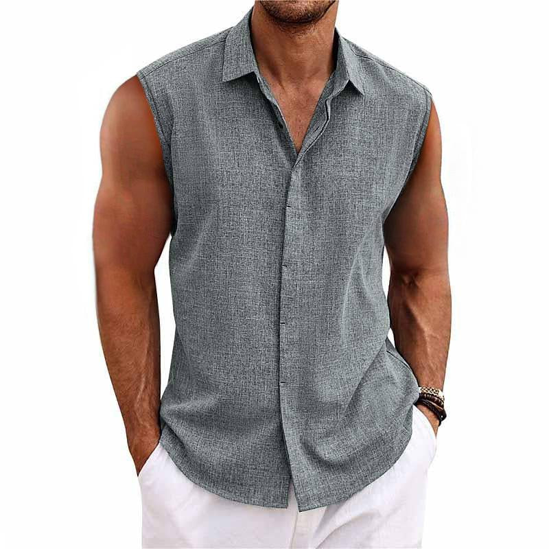 Men's Solid Color Lapel Cotton and Linen Sleeveless Shirt 