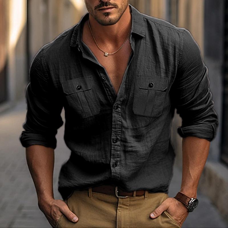 Men's Solid Color Double Pocket Cotton and Linen Long Sleeve Shirt 