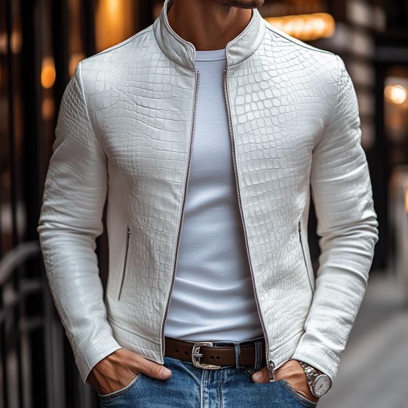 Men's Fashion Stone Pattern Stand Collar Zipper Slim Fit Leather Jacket 