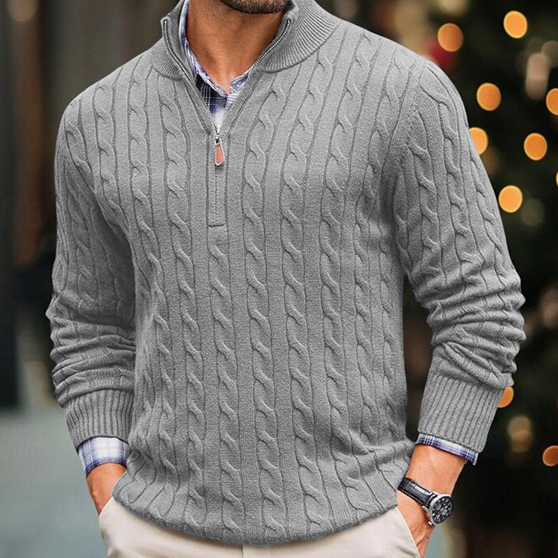 Men's Solid Cable Knit Half High Collar Long Sleeve Sweater 