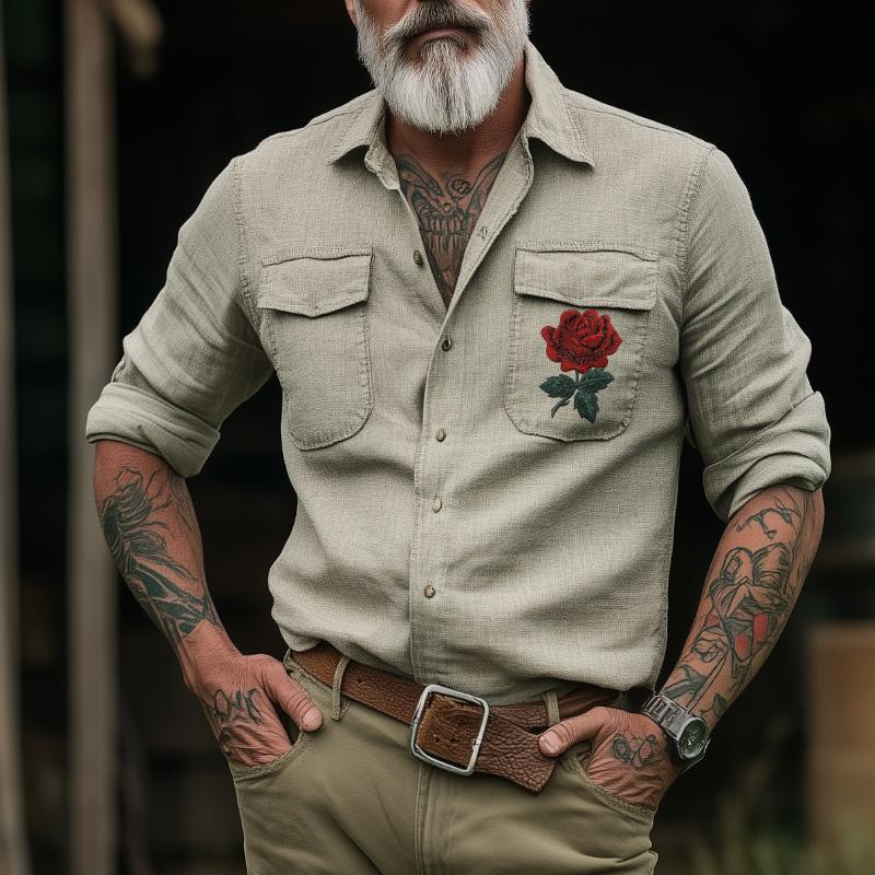 Men's Retro Casual Western Cowboy Embroidered Long Sleeve Shirt