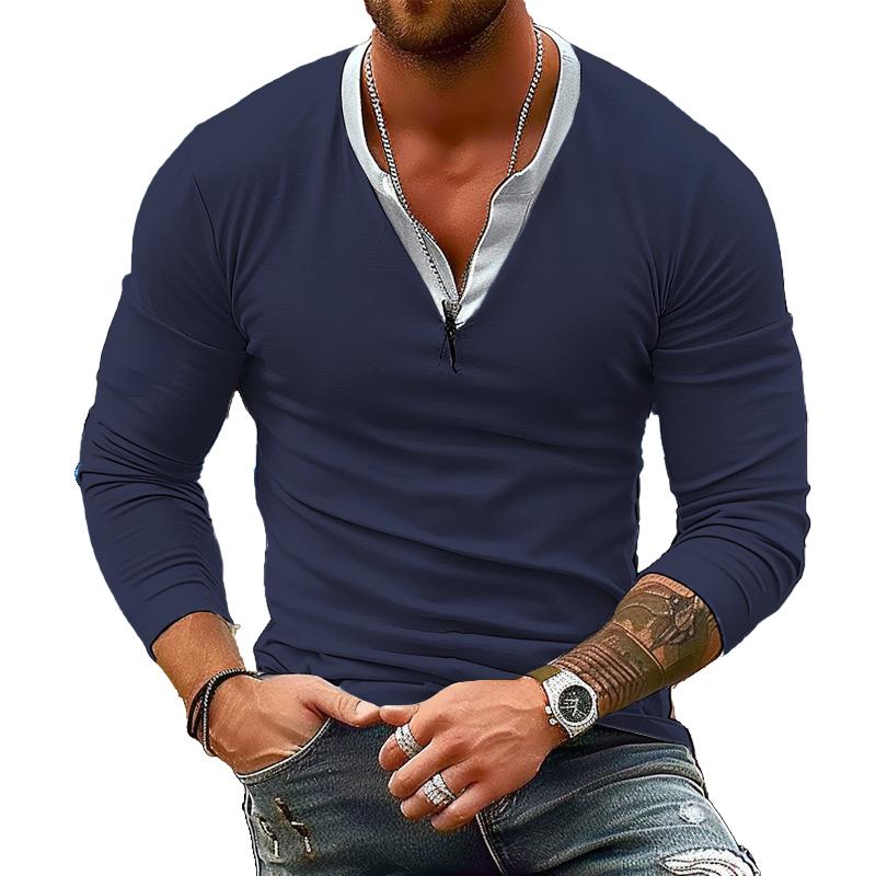 Men's Double V Neck Casual Long Sleeve T-Shirt 