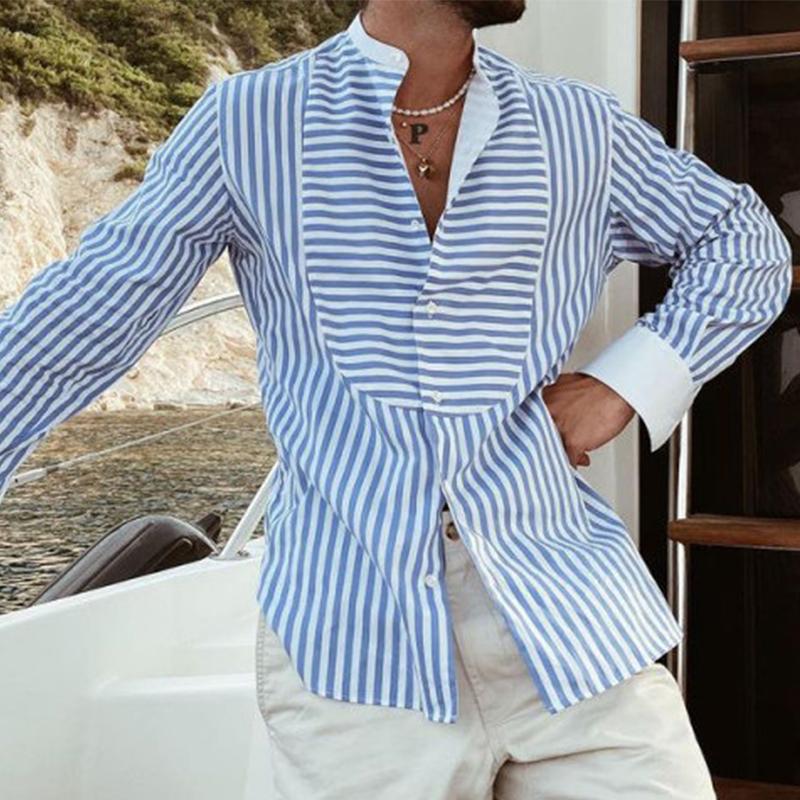 Men's Loose Striped Irregular Stitching Long Sleeve Shirt 