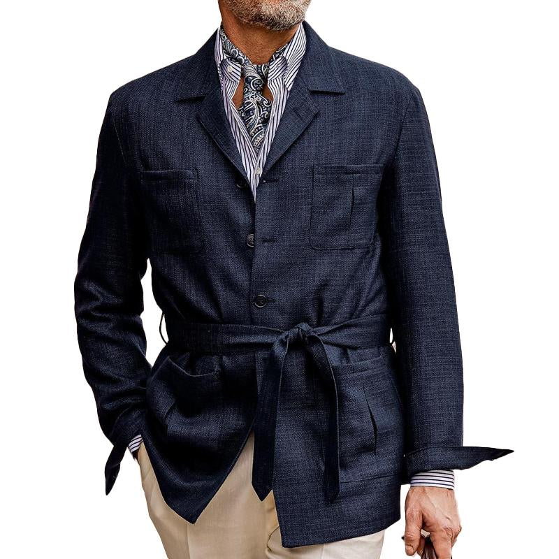 Men's Solid Color Cotton Linen Multi Pocket Button Blazer