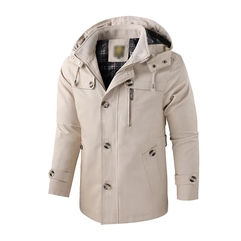 Men's Casual Washed Cotton Warm Stand Collar Hooded Mid-length Coat 