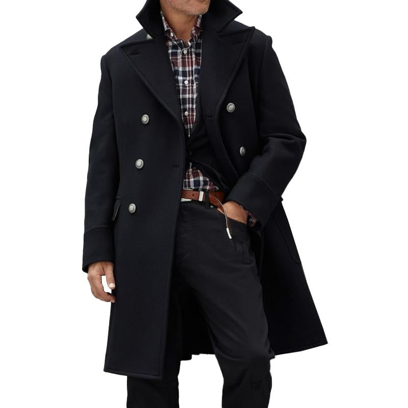 Men's Vintage Lapel Wool Blend Double-Breasted Mid-Length Coat 