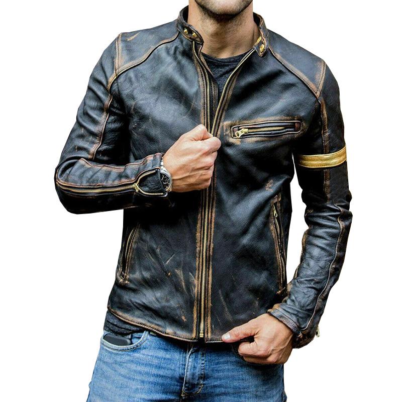 Men's Vintage Stand Collar Zipper Leather Jacket 