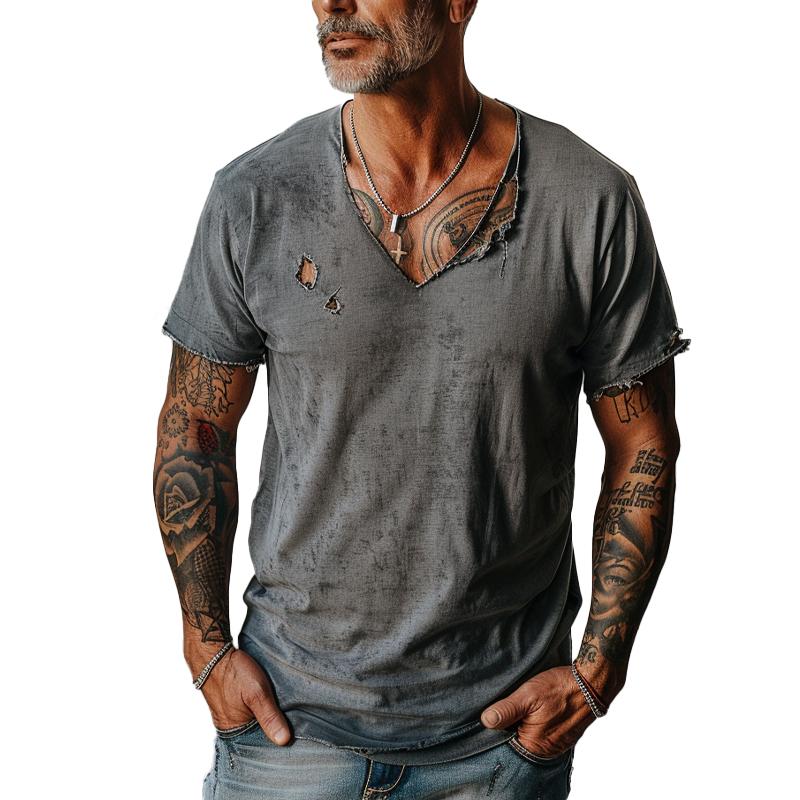 Men's Distressed Ripped Raw Edge V-Neck Short-Sleeved T-Shirt 