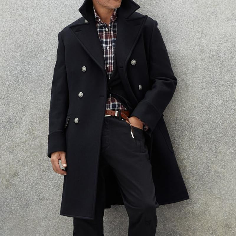 Men's Vintage Lapel Wool Blend Double-Breasted Mid-Length Coat 