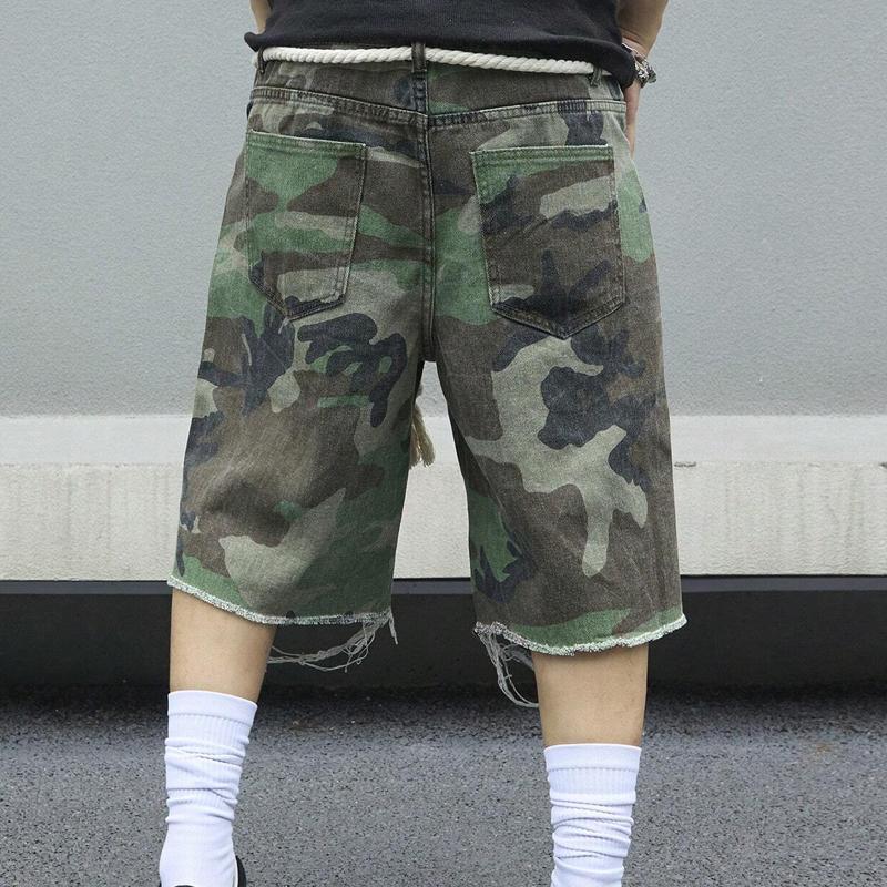 Men's Camouflage Washed Ripped Cropped Trousers 