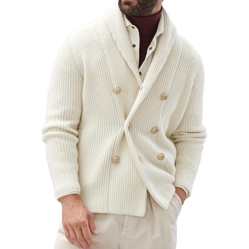 Men's Casual Solid Color Lapel Double Breasted Knitted Cardigan 