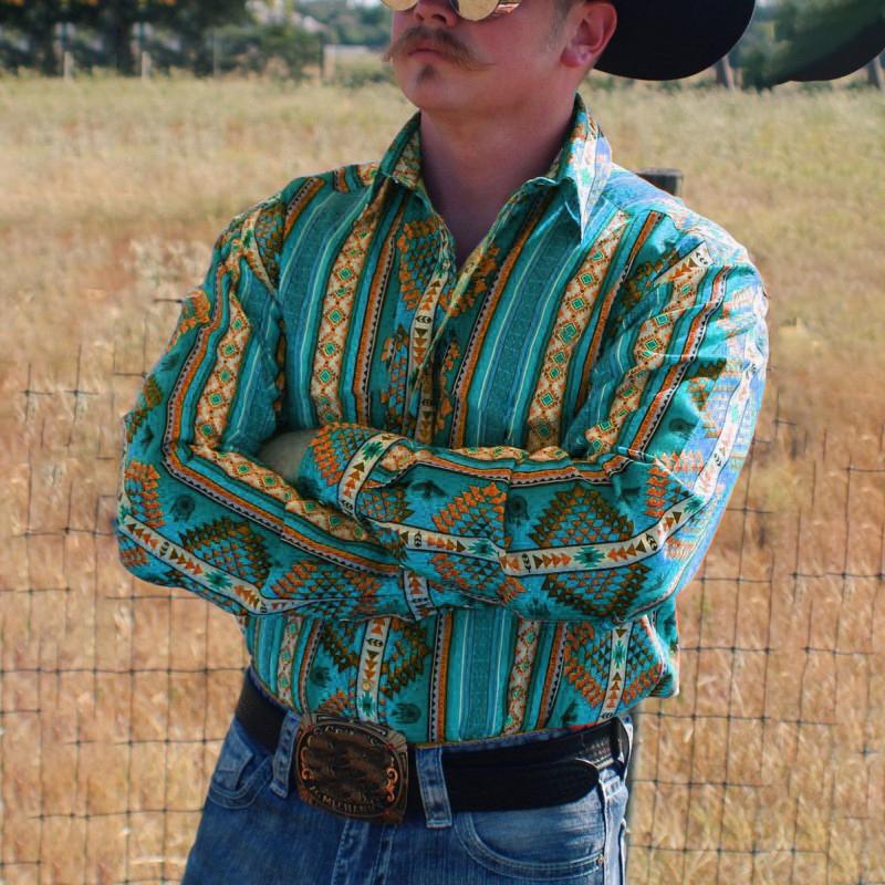 Men's Western Cowboy Stripe Printed Vacation Long Sleeve Shirt 