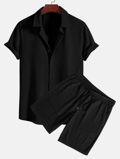 Muscle Fit Ribbed Button Up Shirt & Shorts