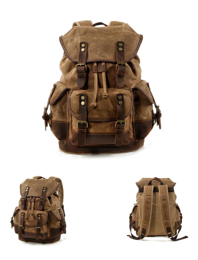 Men's Vintage Outdoor Canvas Stitching Leather Multi-Pocket Backpack 