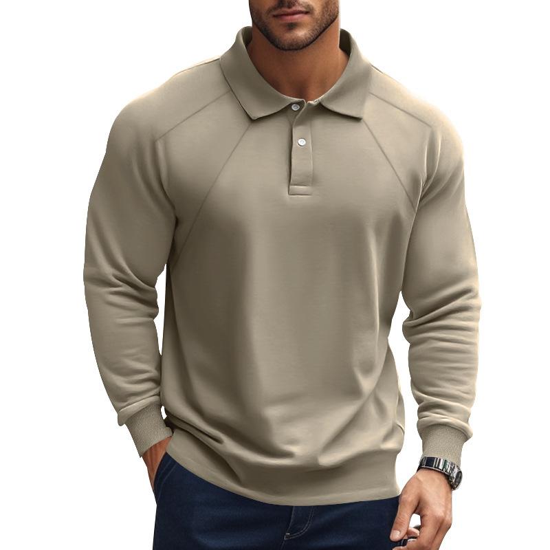Men's Casual Solid Color Lapel Raglan Long Sleeve Polo Shirt 