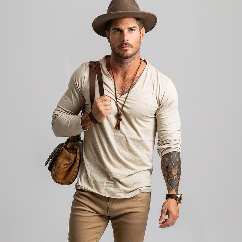 Men's Casual Cotton V-neck Slim Fit Long Sleeve T-shirt 