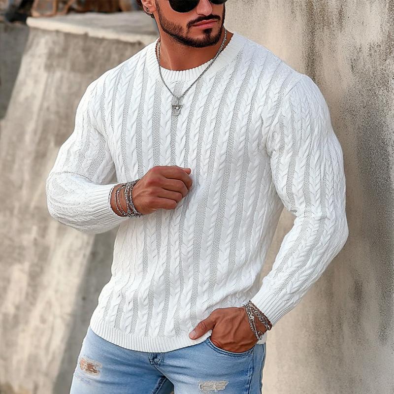 Men's Solid Color Twisted Crew Neck Knitted Sweater 
