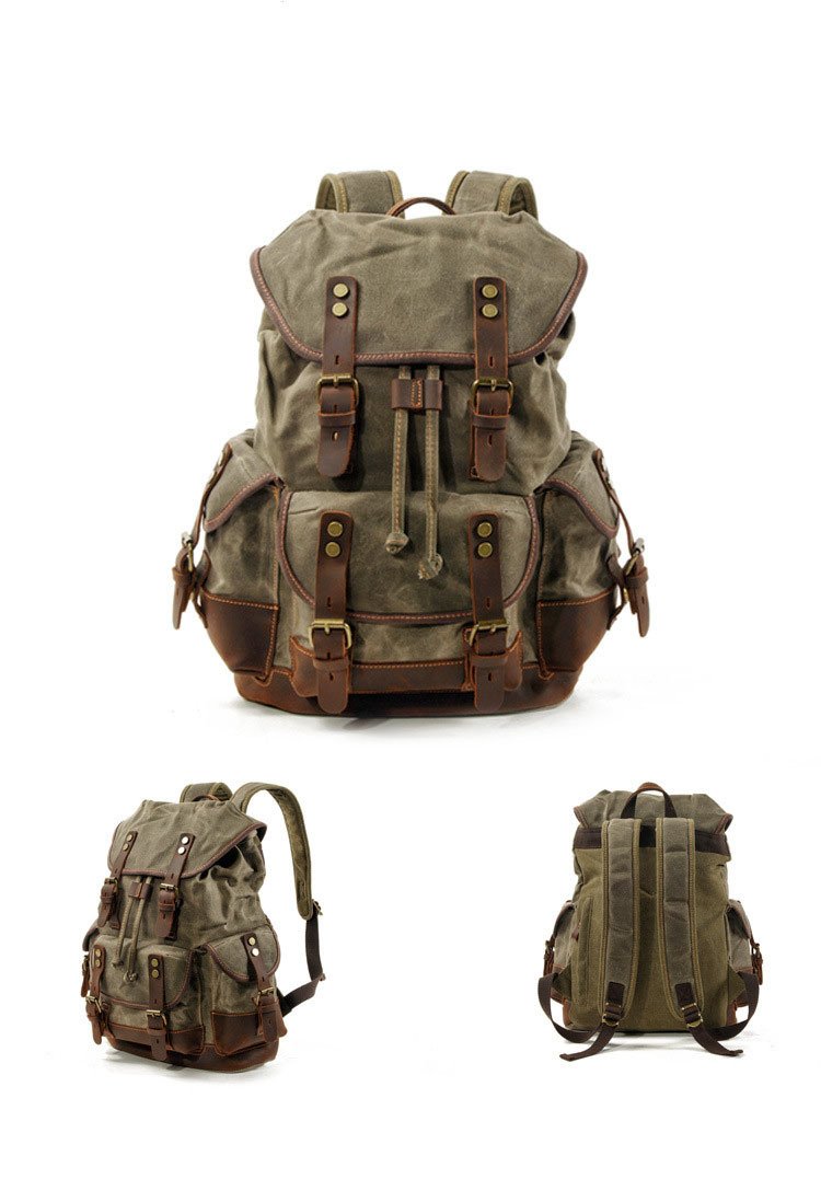 Men's Vintage Outdoor Canvas Stitching Leather Multi-Pocket Backpack 