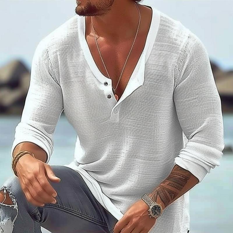 Men's Casual Cotton Linen U Neck Long-Sleeved T-Shirt 