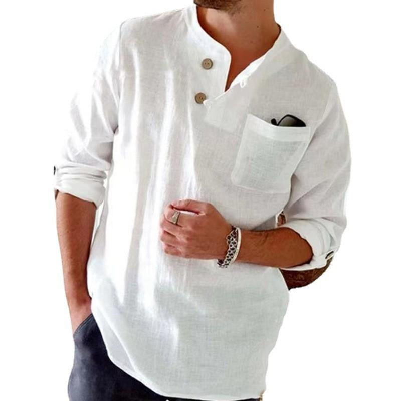 Men's Cotton Linen Loose Casual Solid Color Roll-Up Sleeve Long-sleeved Shirt 