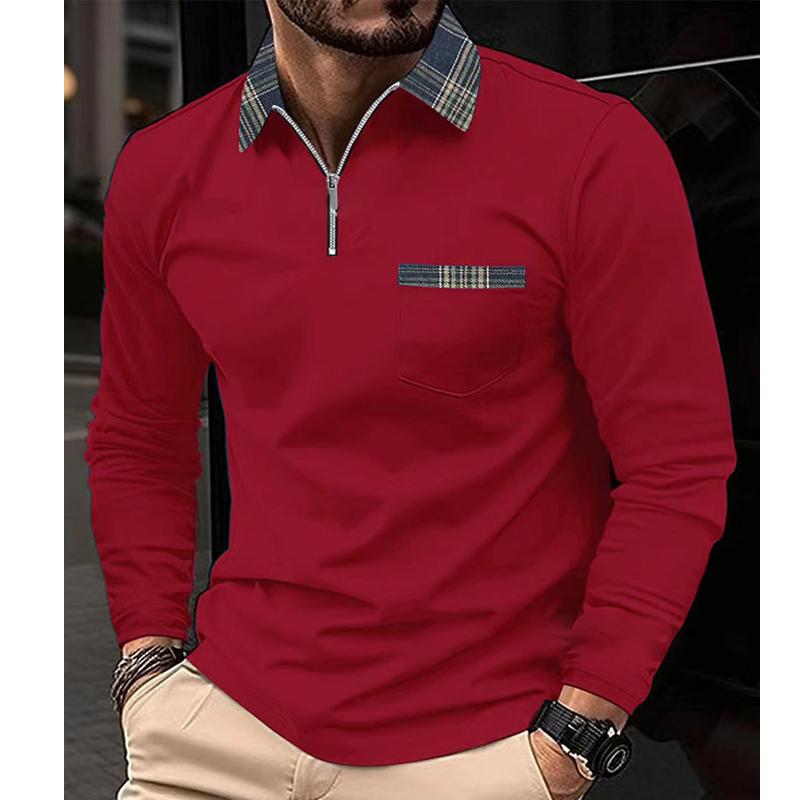 Men's Plaid Printed Stitching Zipper Lapel Pocket Long Sleeve Polo Shirt 