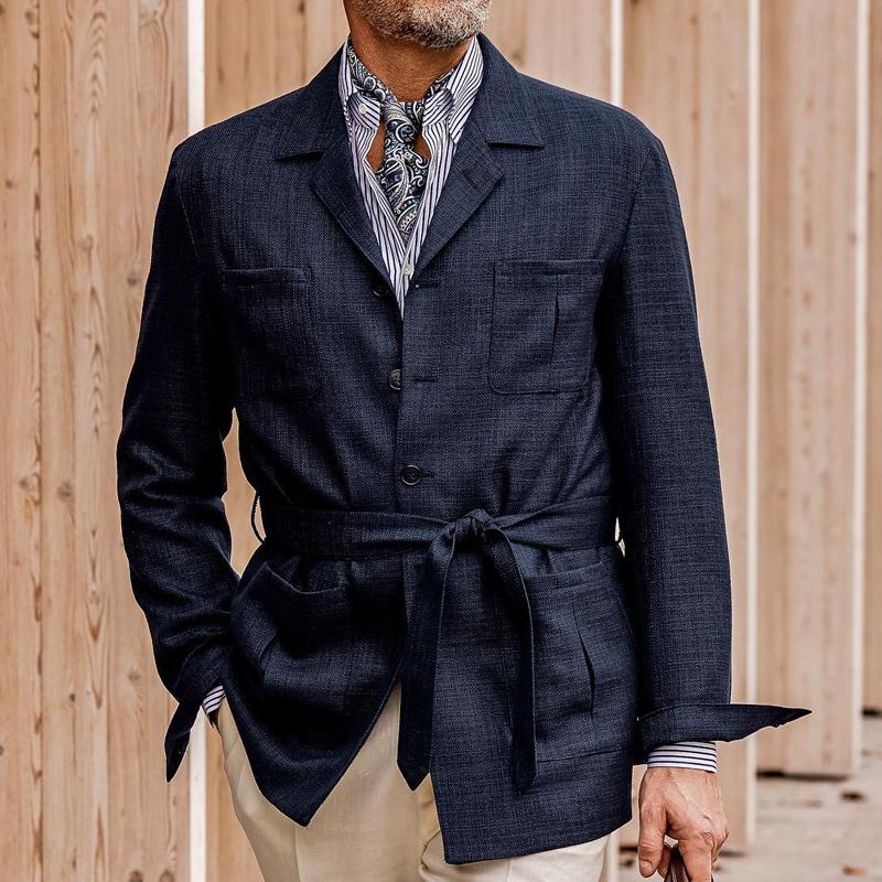 Men's Solid Color Cotton Linen Multi Pocket Button Blazer
