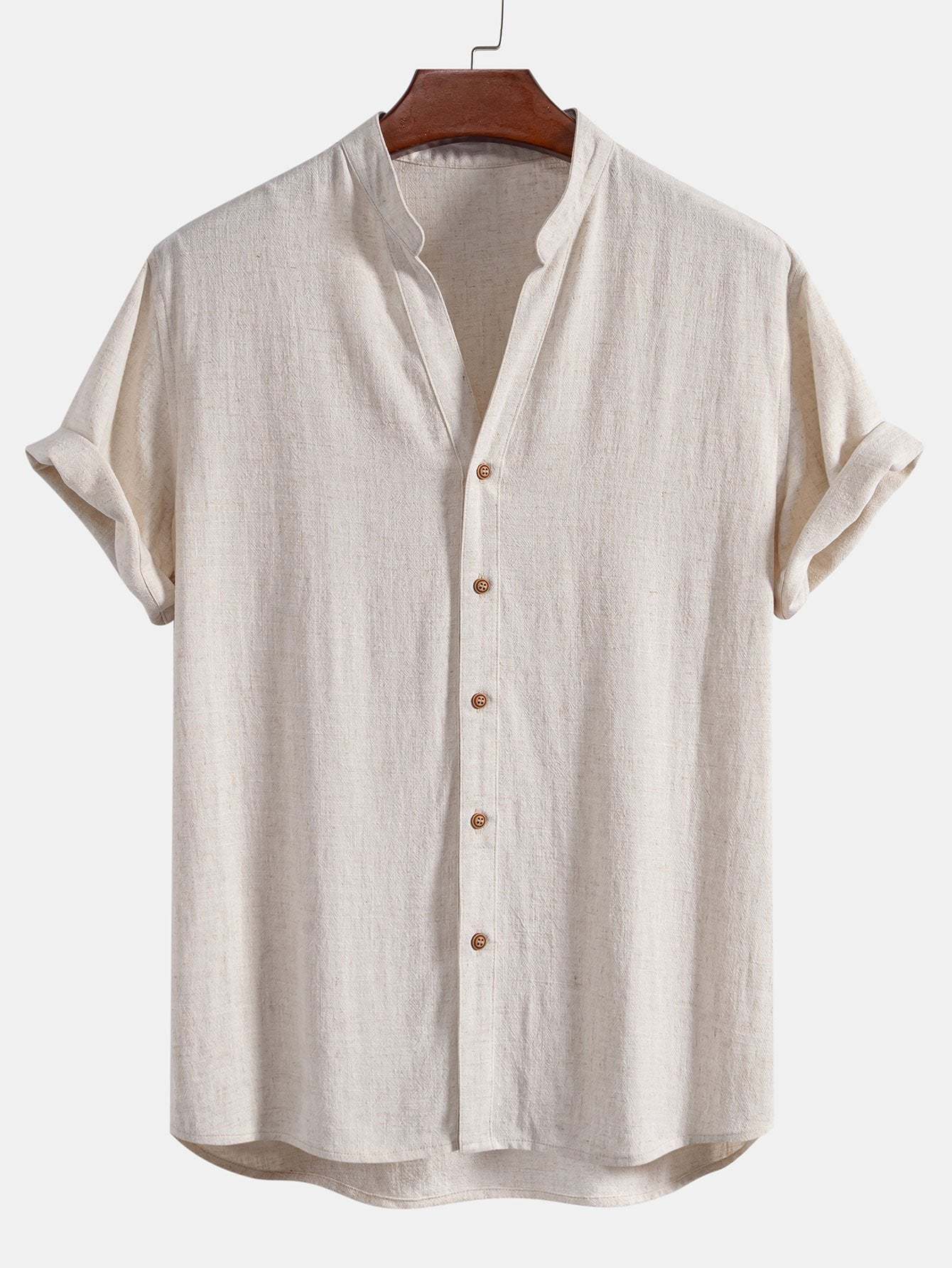 Short Sleeve V Neck Linen Rayon Blend Shirt