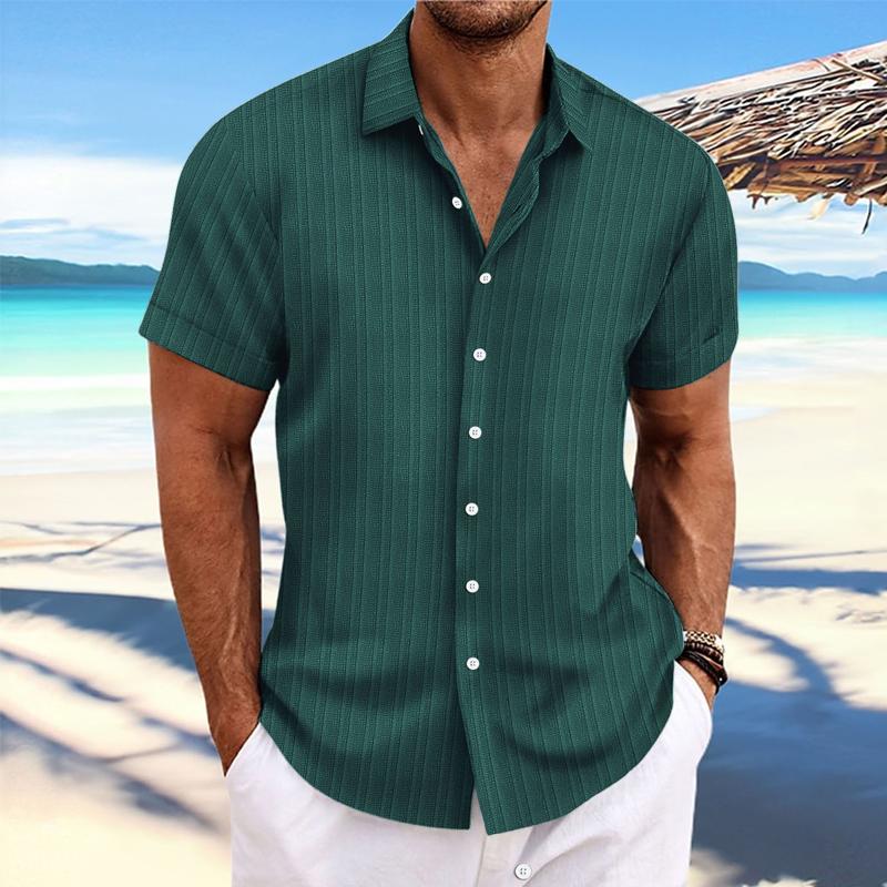 Men's Cotton Linen Stripe Print Loose Short Sleeve Lapel Shirt