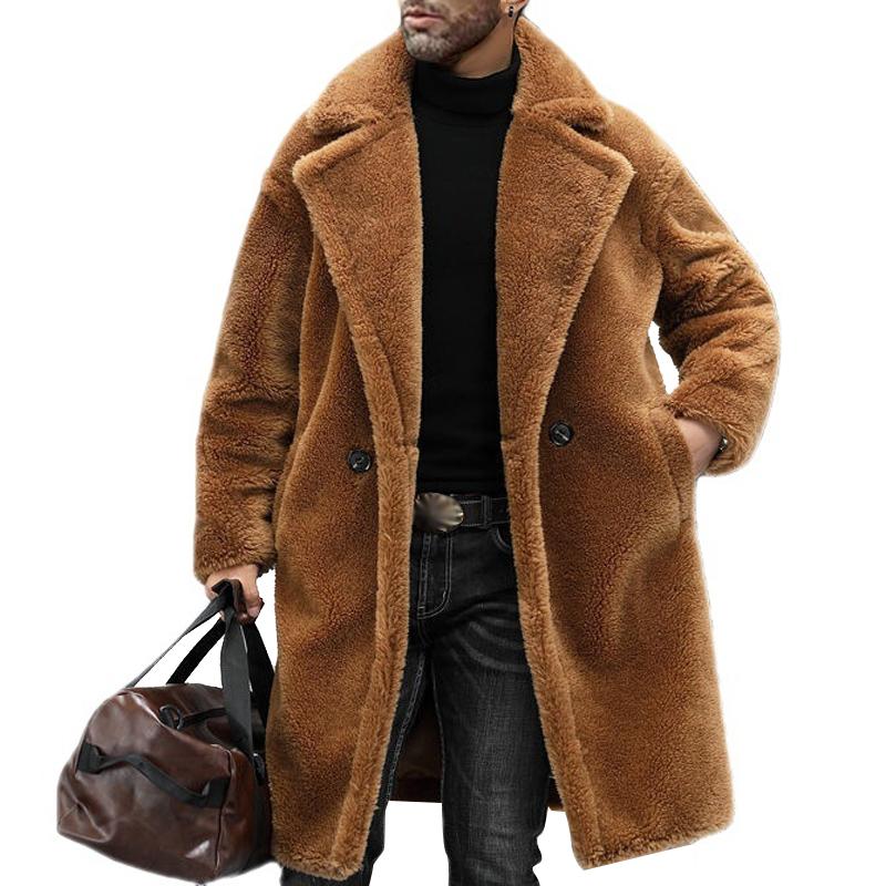 Men's Warm Solid Color Teddy Plush Lapel Long Coat 