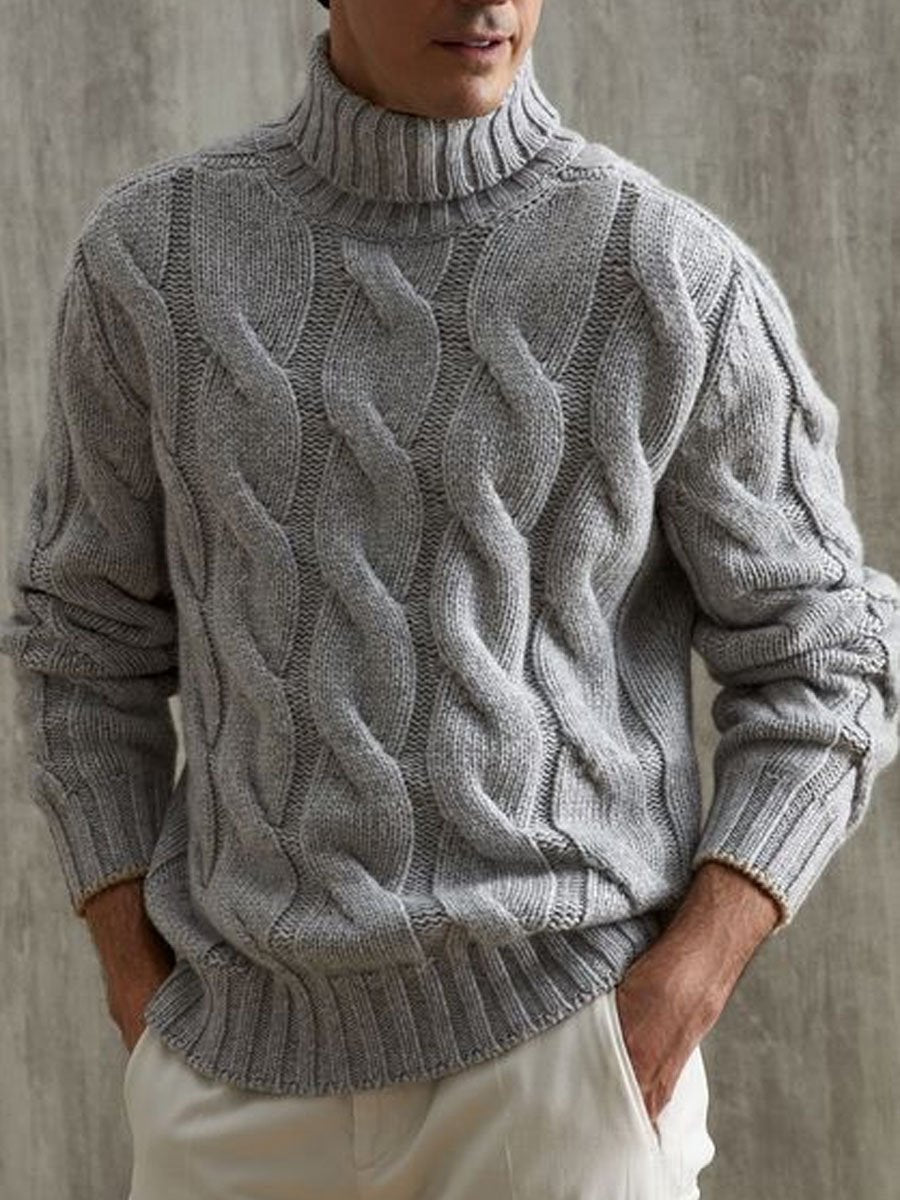 Gray Versatile Turtleneck Cable Knitted Pullover Sweater 
