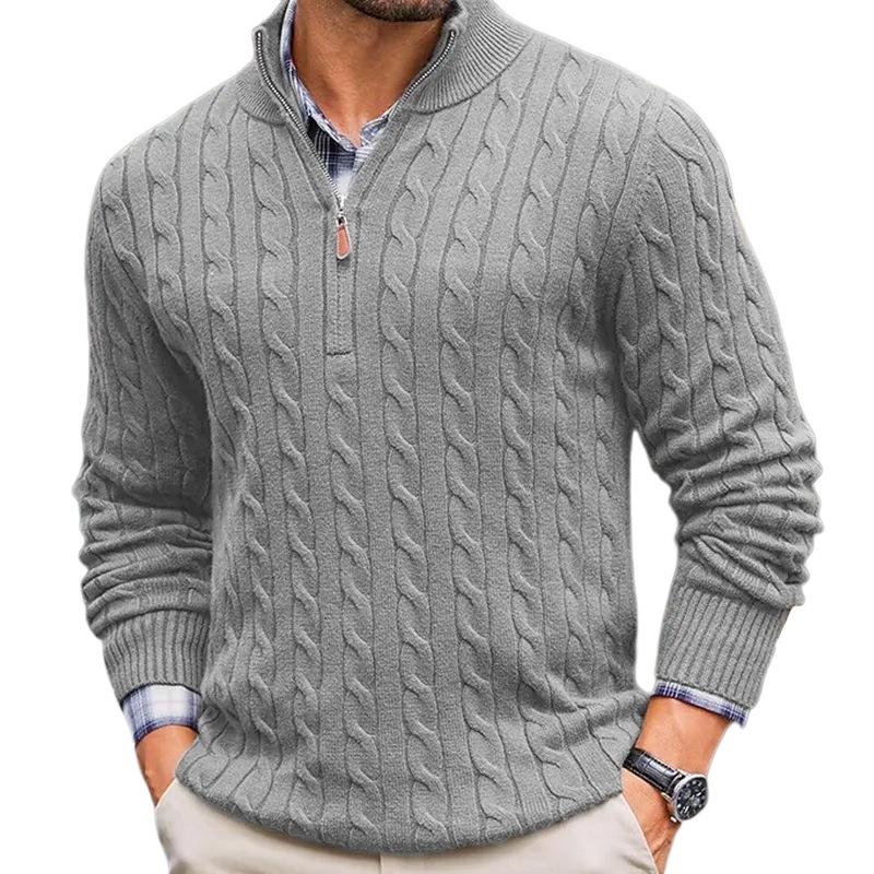 Men's Solid Cable Knit Half High Collar Long Sleeve Sweater 