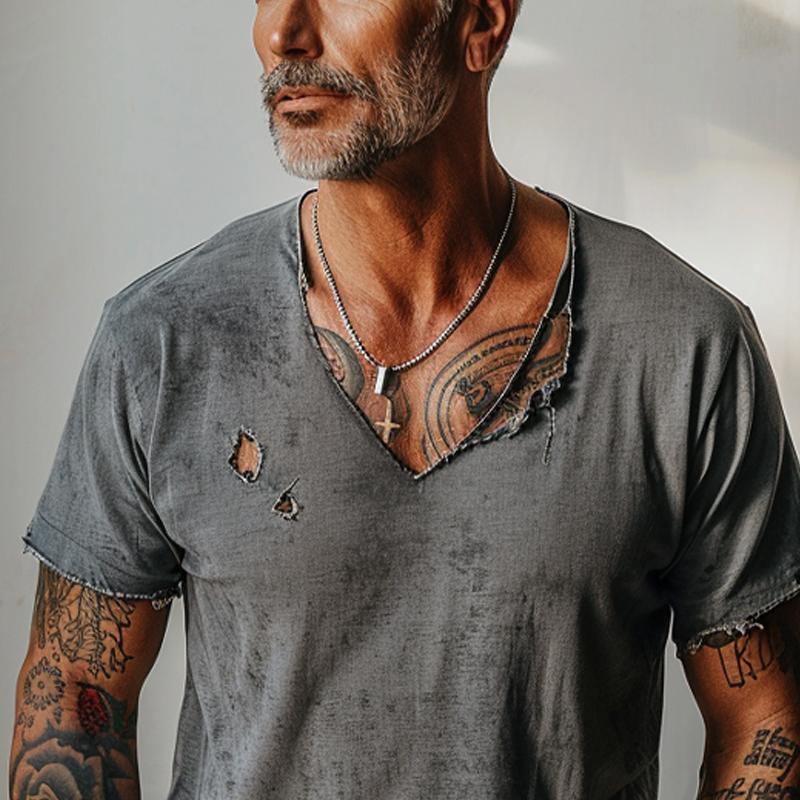 Men's Distressed Ripped Raw Edge V-Neck Short-Sleeved T-Shirt 