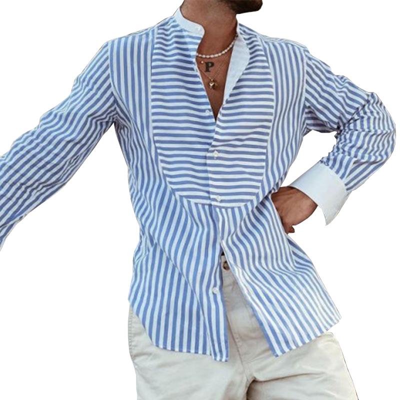 Men's Loose Striped Irregular Stitching Long Sleeve Shirt 