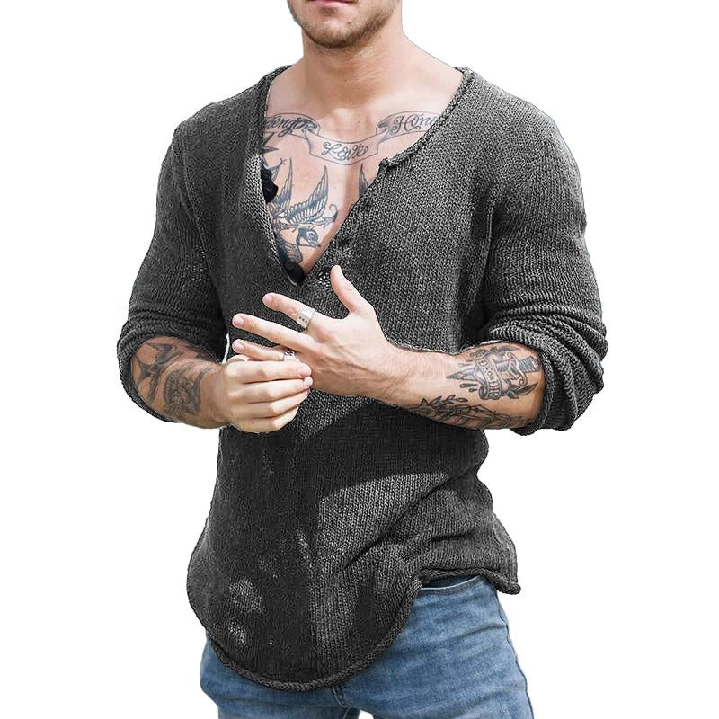 Men's Casual V Neck Long Sleeve Knitted Sweater 