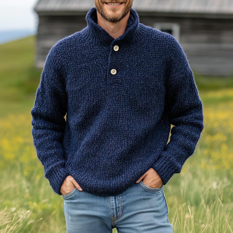 Men's Vintage Dark Blue Two-Button Stand Collar Knit Sweater