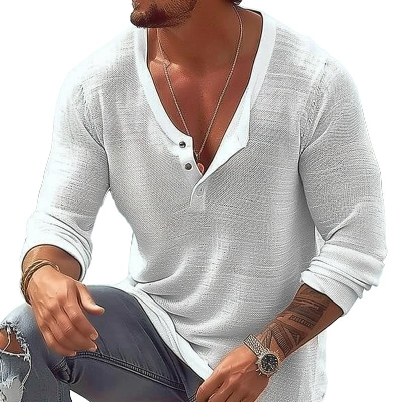 Men's Casual Cotton Linen U Neck Long-Sleeved T-Shirt 
