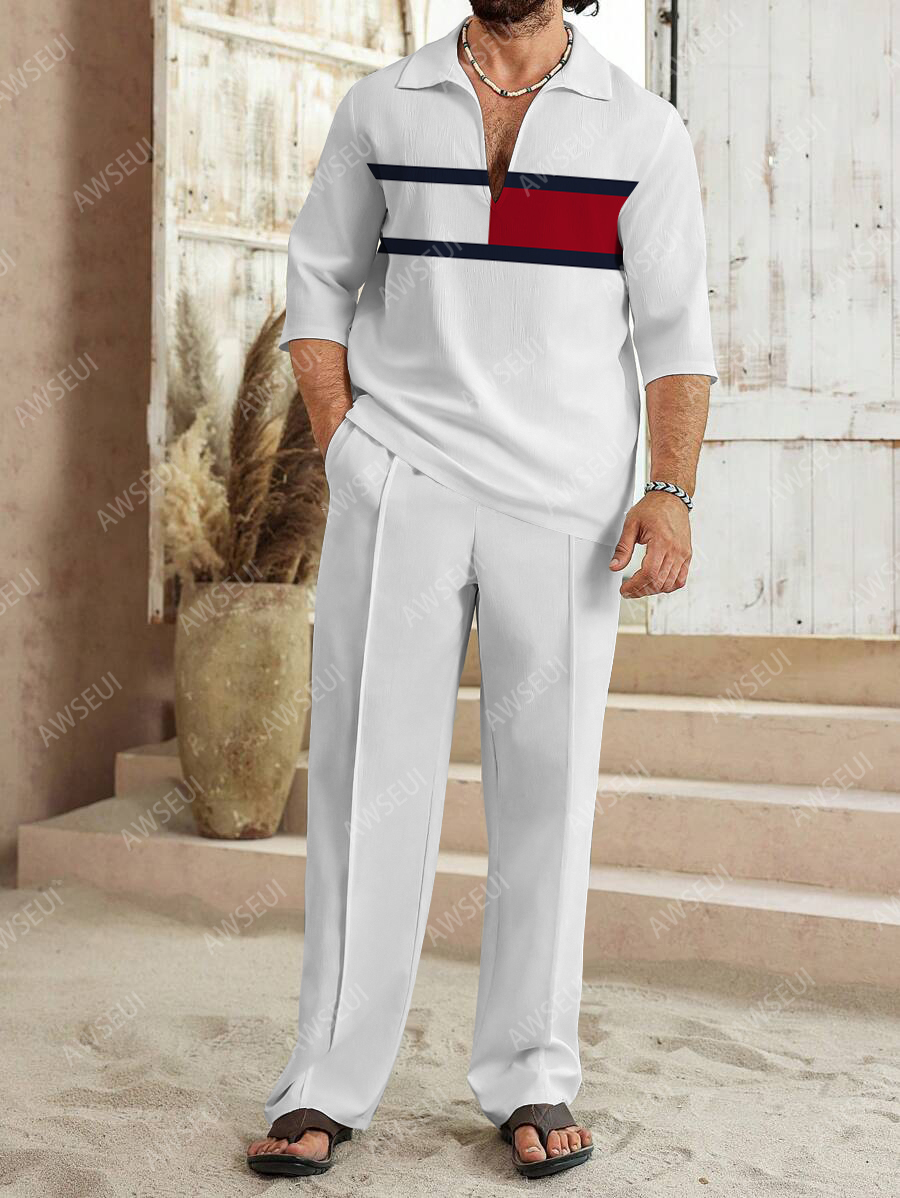 Men's fashion casual color matching print sleeve V-neck two-piece set