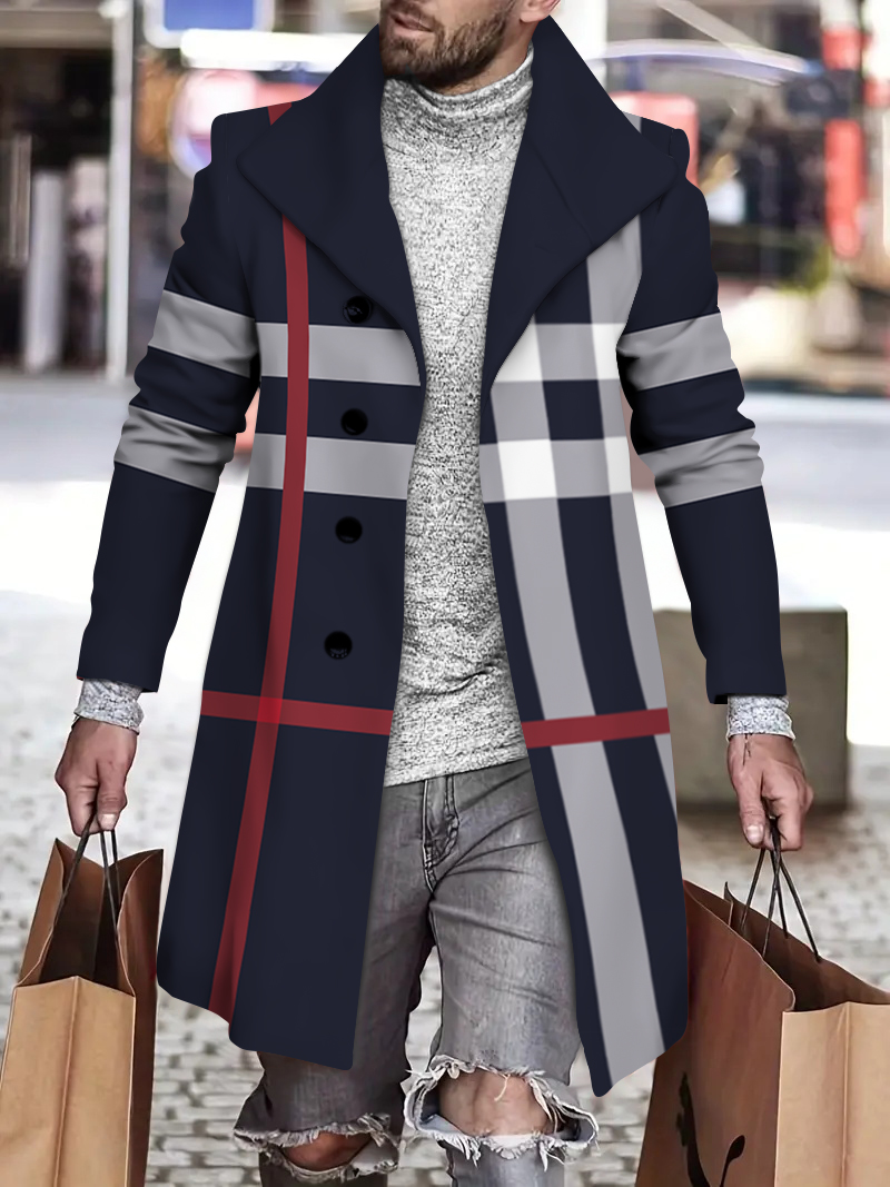 Men's fashion geometric print mid-length coat
