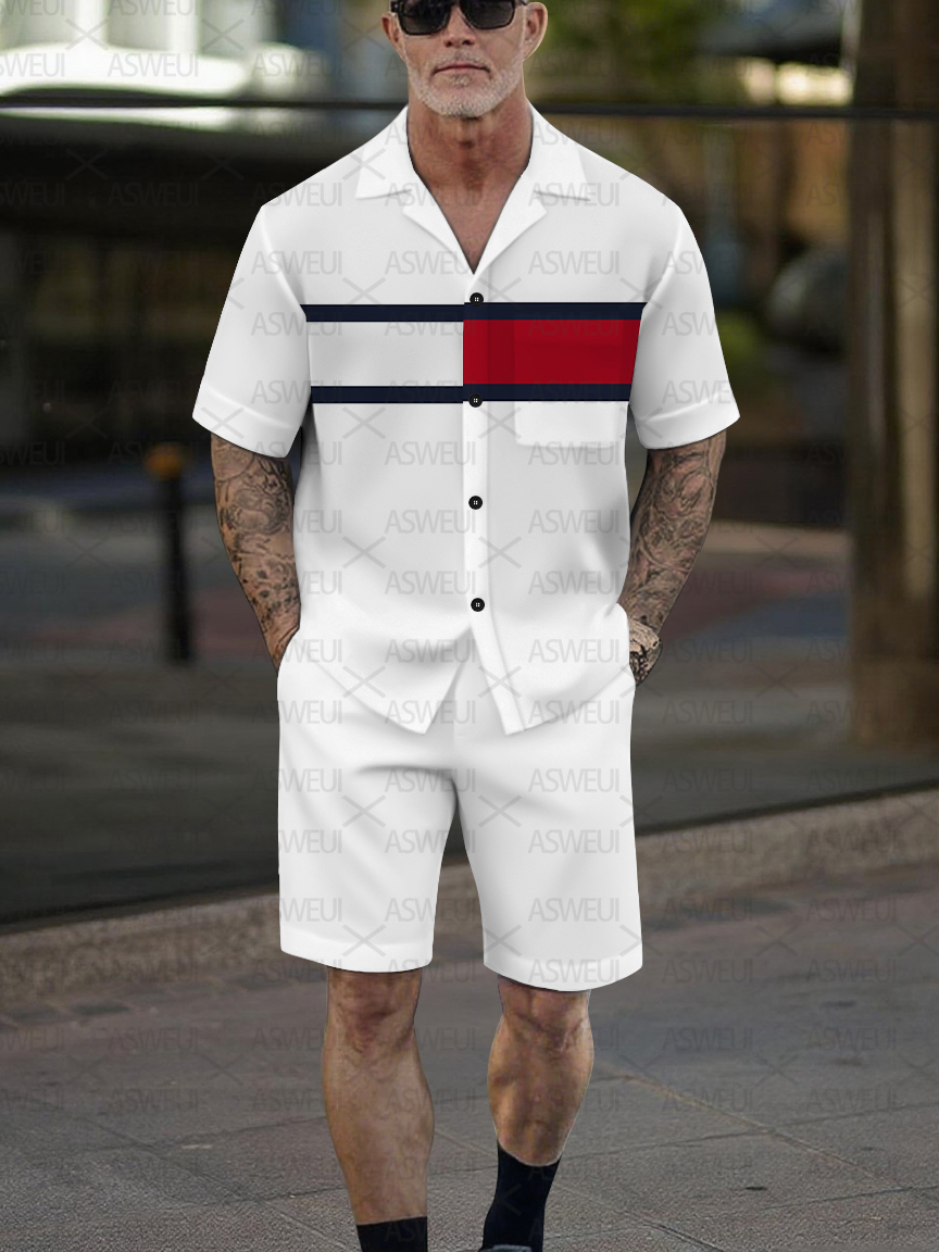 Men's Fashion Casual Geometric Print Short-Sleeved Shirt Set