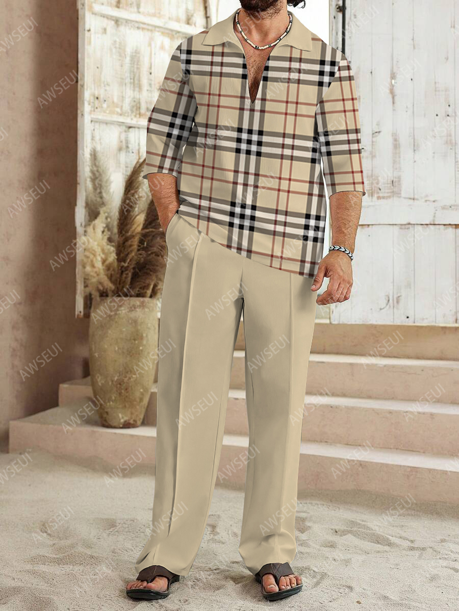 Men's fashion casual color matching print sleeve V-neck two-piece set